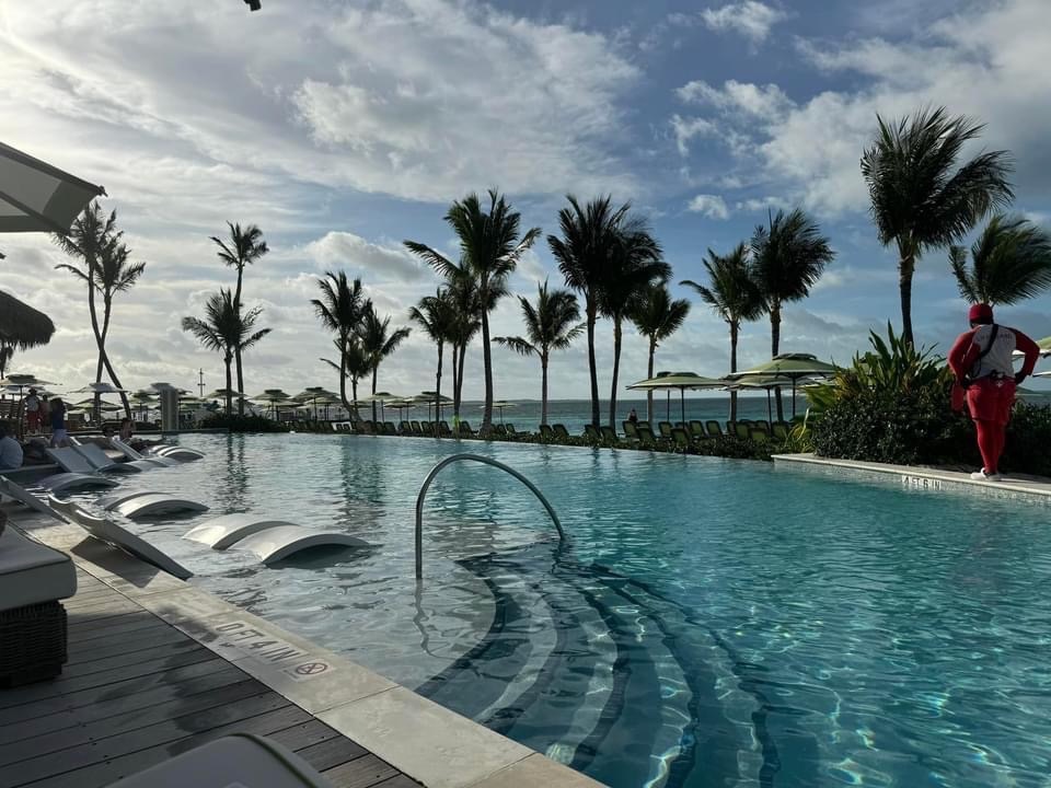 Infinity pool overlooking palm trees and the ocean at a luxury resort